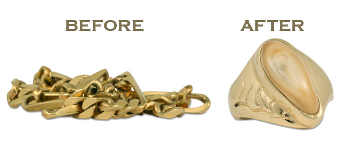 In this jewelry redesign, we used a customer's elk tooth and 18K gold bracelet to create this new ring from old.